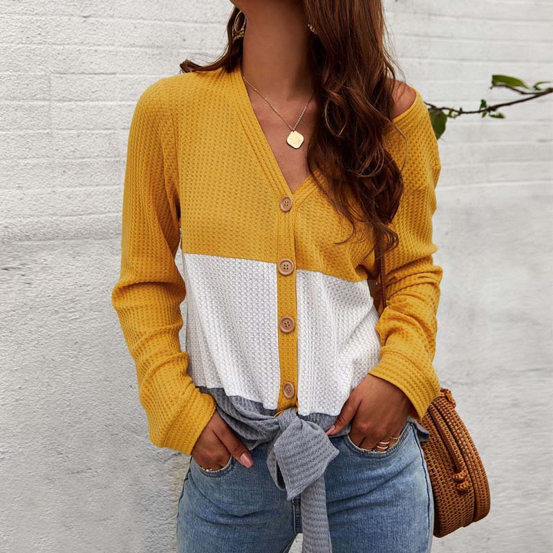 Colorblock V Neck Button Up Knit Sweater