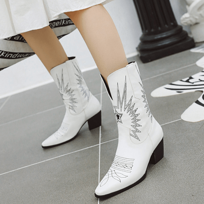 Leather Embroidery Square Toe Low Heel Calf Boots