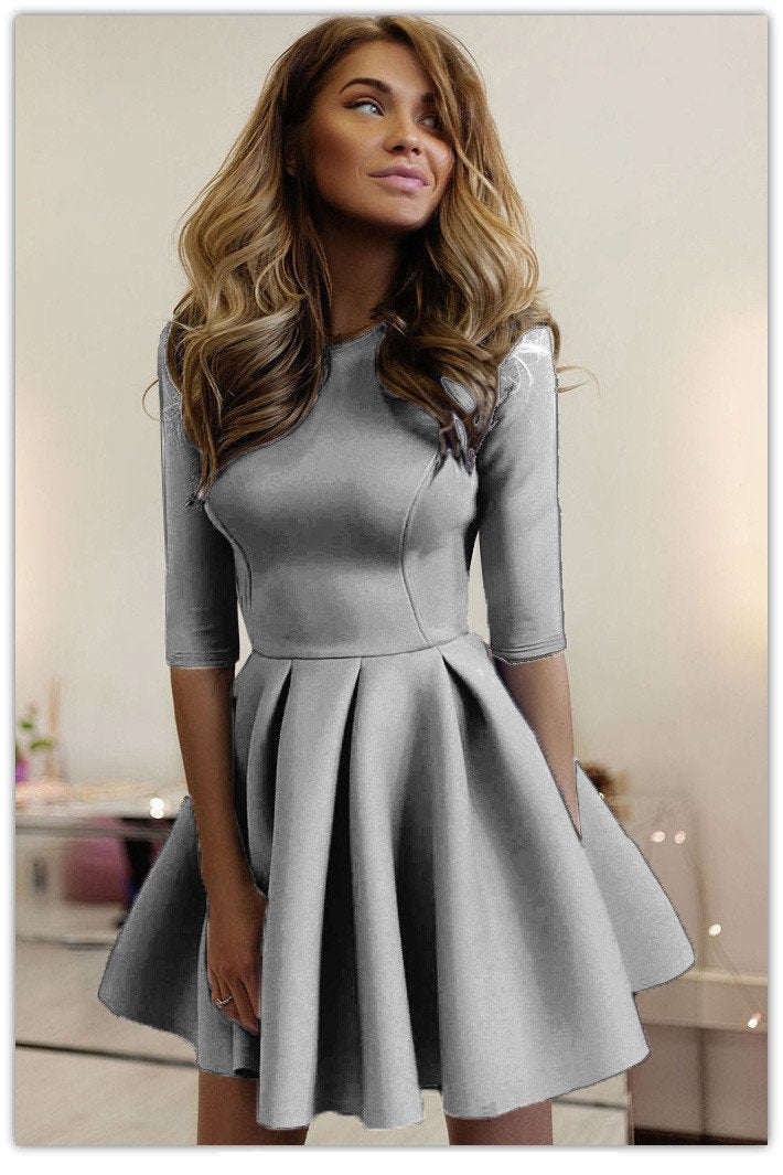 Pure Color Half Sleeves Scoop Pleated Short Dress