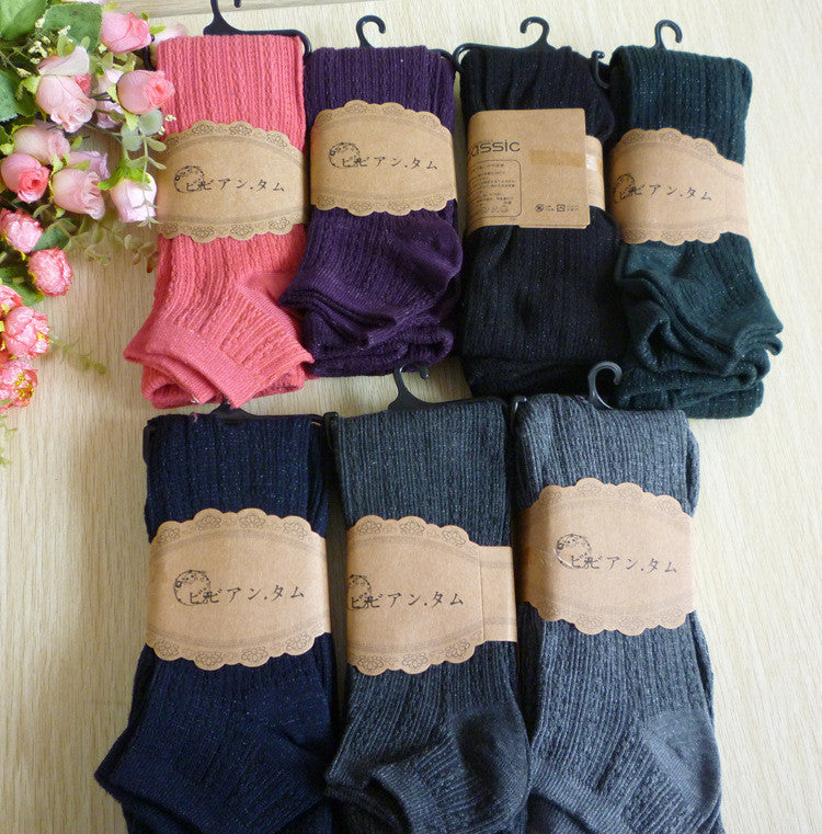 Jacquard Trample Feet Socks Pure Color Slim Warm Tights Legging