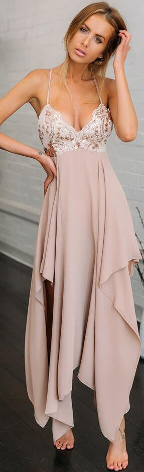 Spaghetti Strap Sequins Deep V Neck Patchwork Irregular Long Party Dress