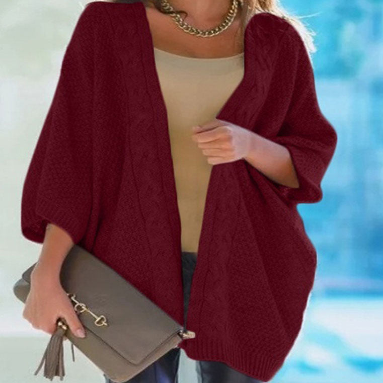 Oversized 3/6 Sleeve Cable Batwing Sweater Cardigan