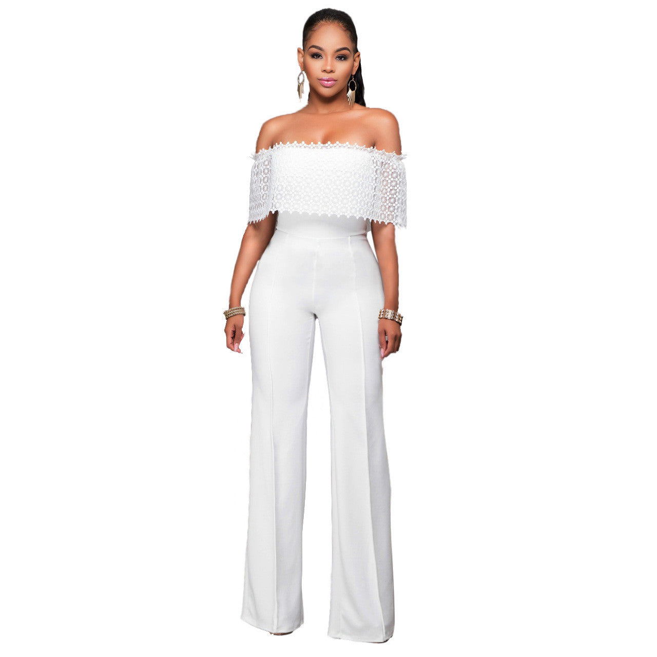 Pure Color Strapless Short Sleeves Long Jumpsuit