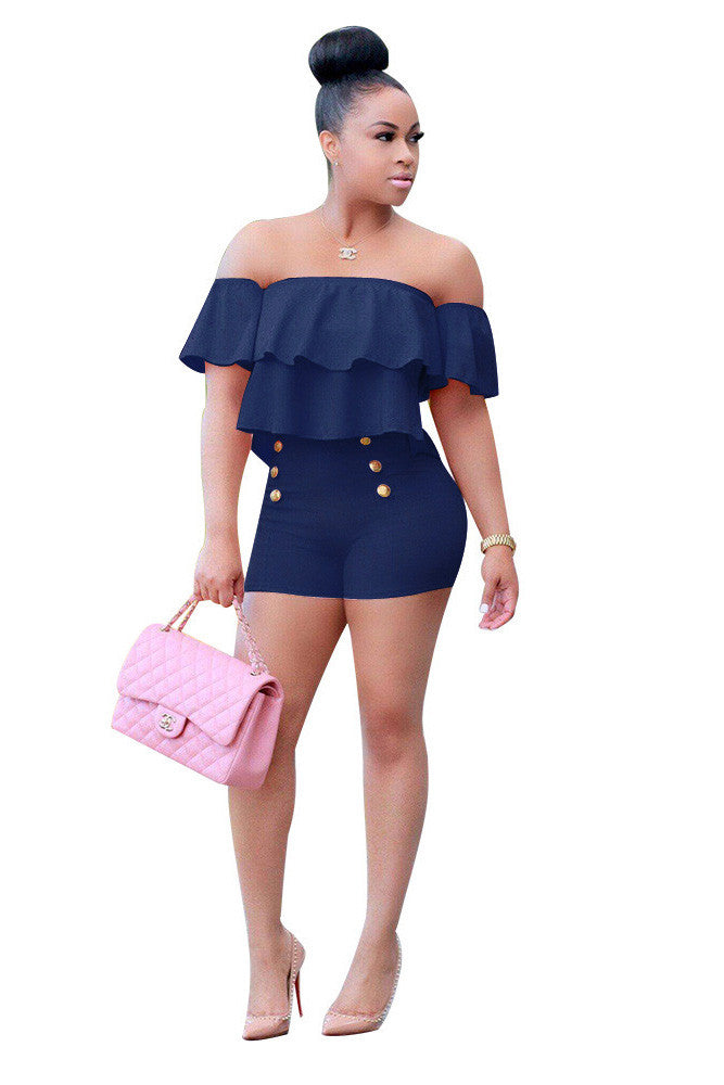 Pure Color Ruffles Strapless Short Sleeves Short Jumpsuit
