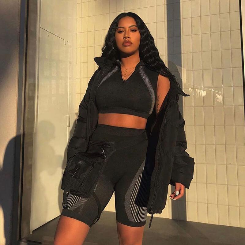 Fashion Black High Neck High Waist Bodycon Two Pieces Set