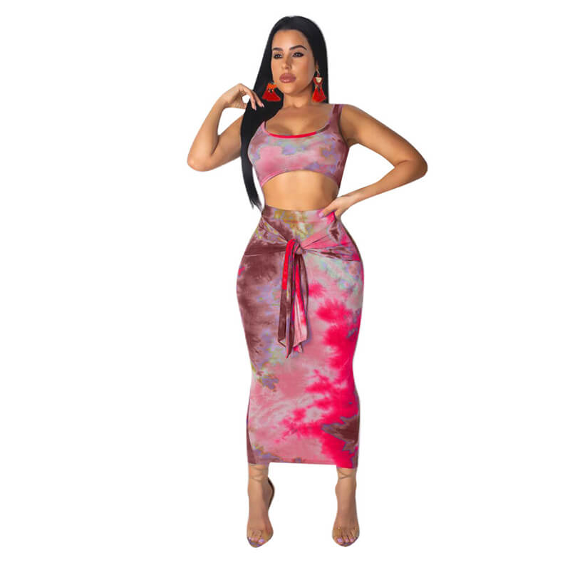 Spaghetti Straps Crop Top Calf Skirt Set