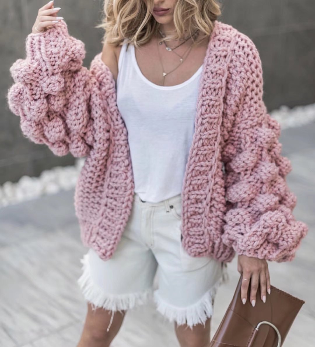 Handmade Knitwear Long Ball Bishop Sleeves Women Cardigan