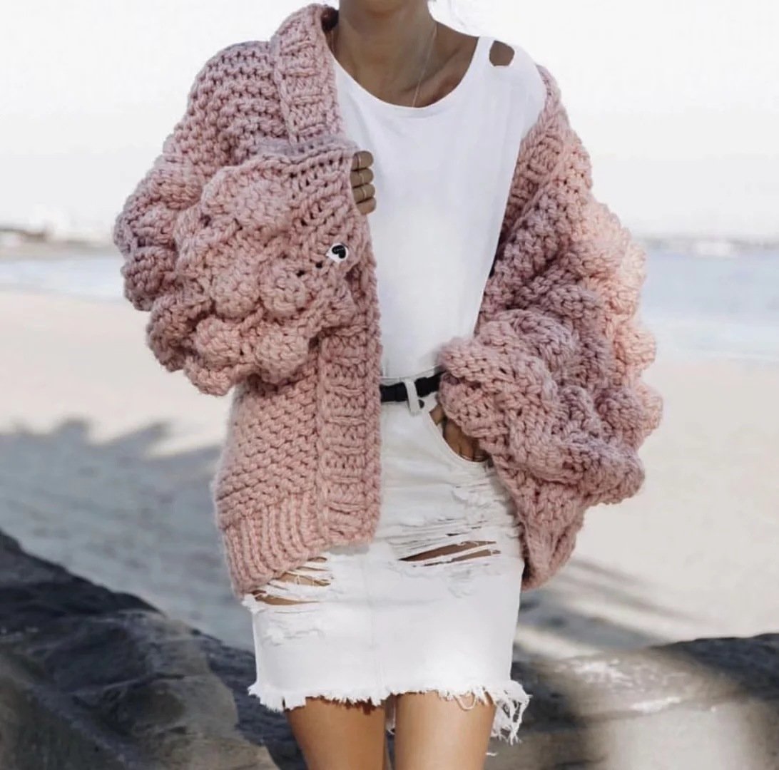 Handmade Knitwear Long Ball Bishop Sleeves Women Cardigan
