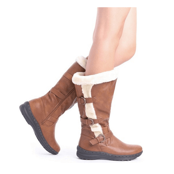 Leather Flat Buckle Round Toe Mid Calf Boots