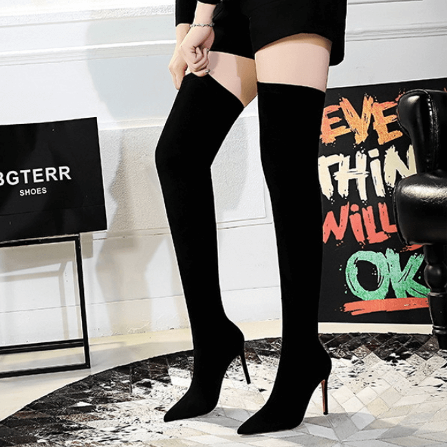 Black Plain Suede Point Toe High Heel Over Knee Boots