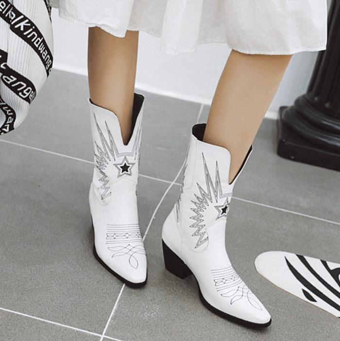 Leather Embroidery Square Toe Low Heel Calf Boots