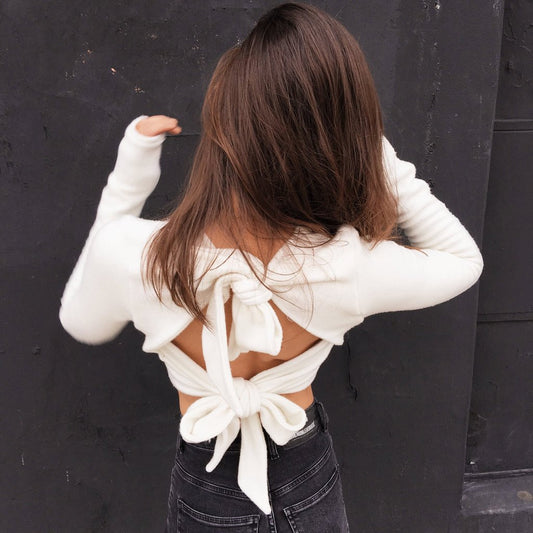 Open Back Bowknot Cut Out Pure Color Long Sleeves Crop Sweater