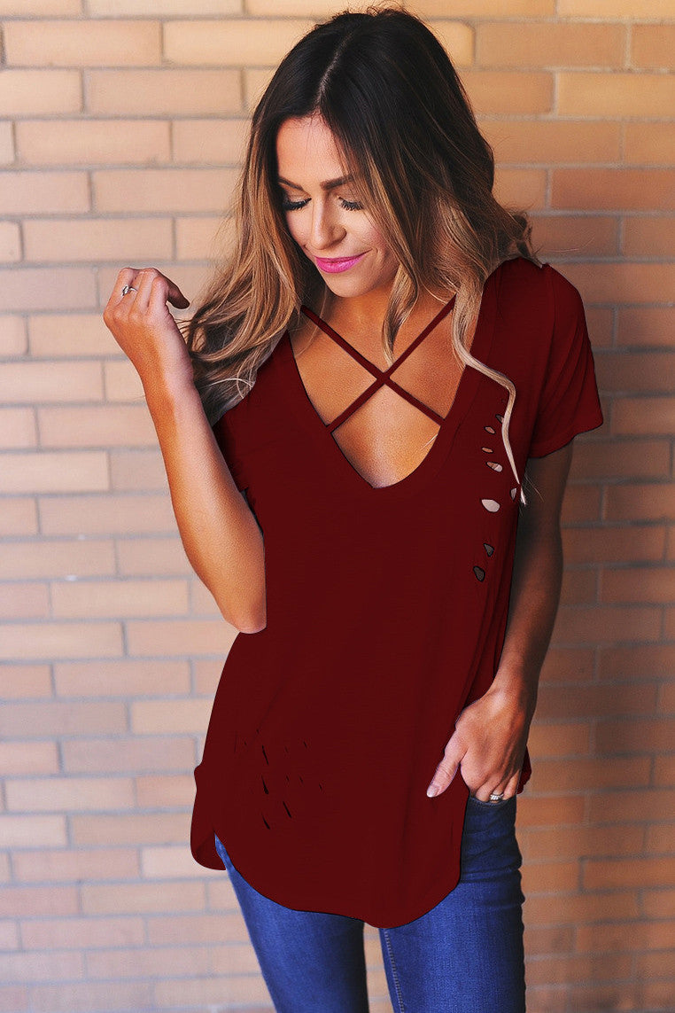V-neck Candy Color Cut Out Short Sleeves T-shirt