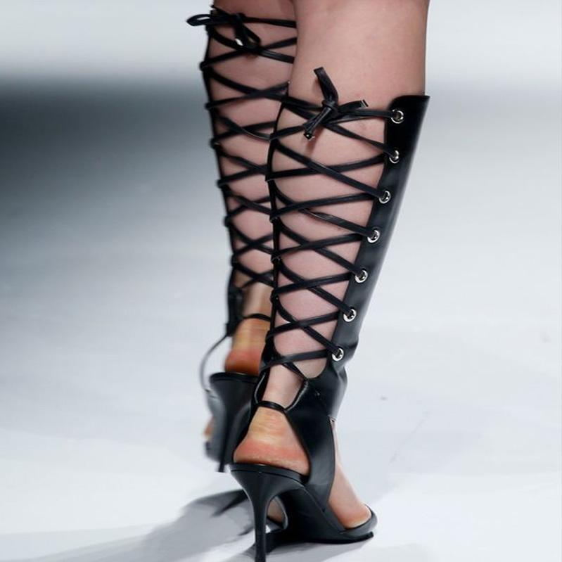 Black Lace Up Cutout Leather Knee High Boots
