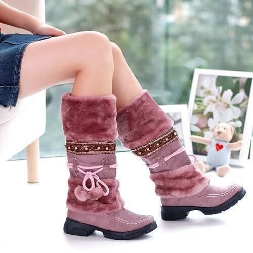 Fur Chunky Low Heel Mid Calf Boots 