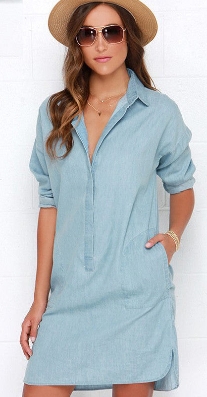 Side Split Turn Down Collar Cowboy Denim Dress - May Your Fashion - 1