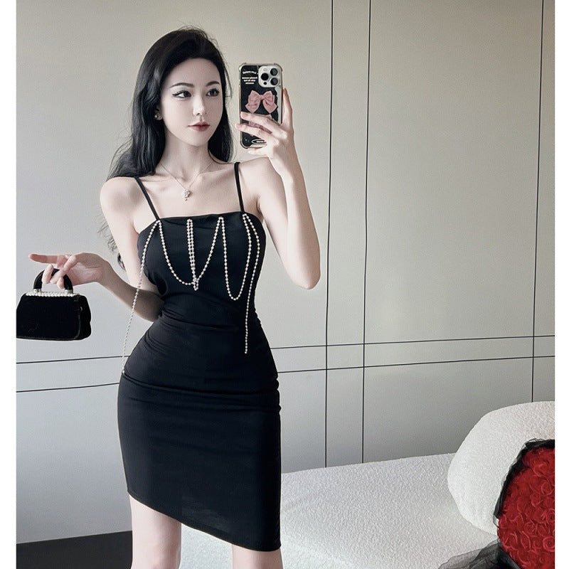 Shoulder Straps and Pearl Bodycon One-Step Dress