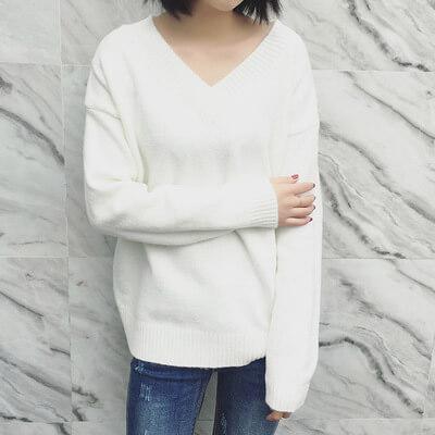 Long Sleeves Pure Color V-Neck Loose Sweater