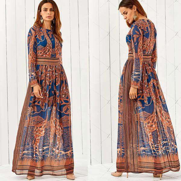 Scoop Long Sleeves Print Long Bohemia Dress