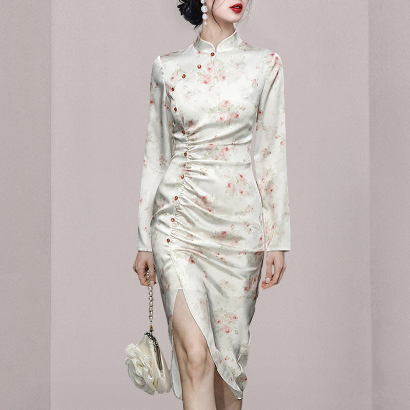 Chinese-Inspired Stand Collar Qipao-Style Printed Dress