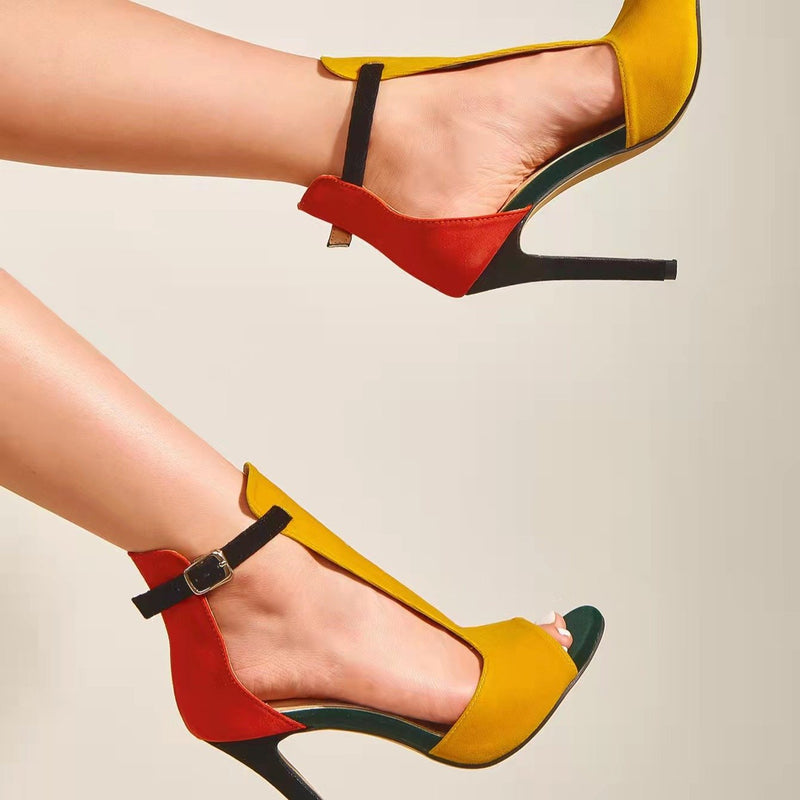 Fish Mouth Thin Heel Buckle Fashion Color Matching High Heels