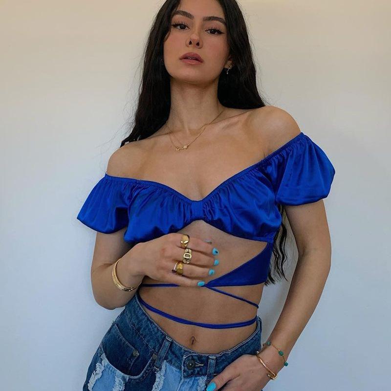 V-neck corded bubble sleeve T-shirt