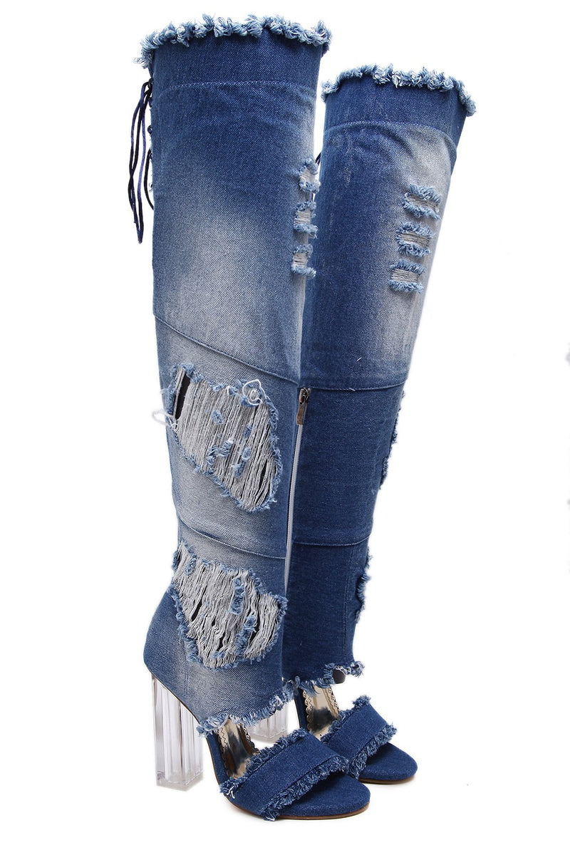 Thick Heel Worn Denim Tassel High-Heeled Sandals