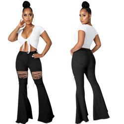 Solid Color Casual Wash Bandage Denim Flared Pants