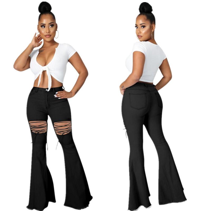 Solid Color Casual Wash Bandage Denim Flared Pants