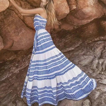 Stripe Spaghetti Straps Square Sleeveless Print Sheath Long Dress