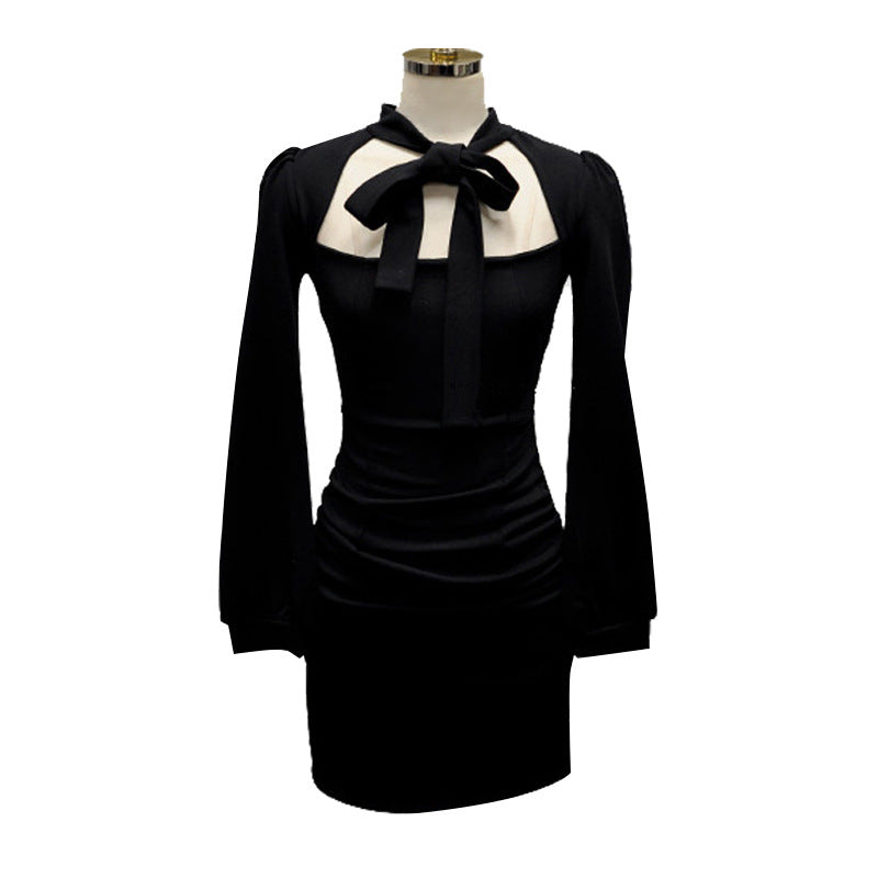 Bow-Tie Belted Square Neck Lantern Sleeve Slim Fit Pencil Dress