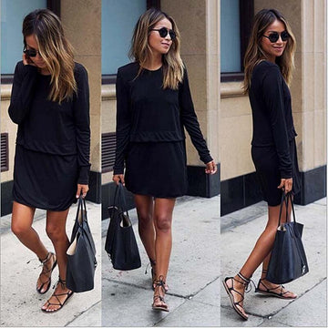 Free Shipping Clearence Scoop Long Sleeves Loose Pure Color Straight Short Dress
