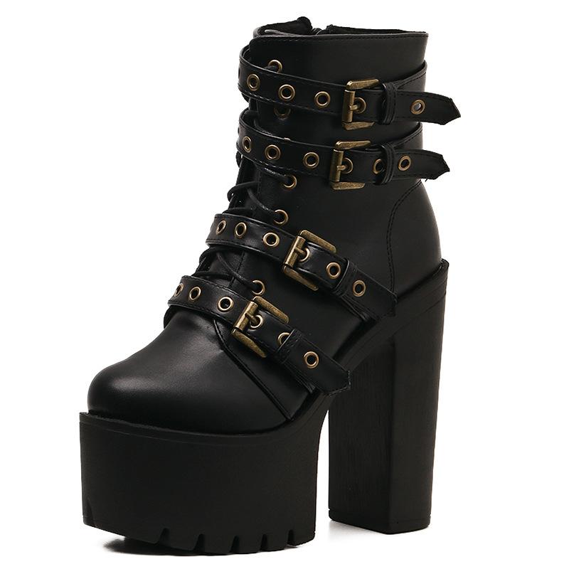 Nightclub Thick Bottom High Heel Waterproof Platform Belt Buckle Martin Boots