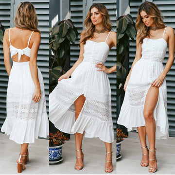 Spaghetti Straps Backless Hollow Out Lace Long Dress