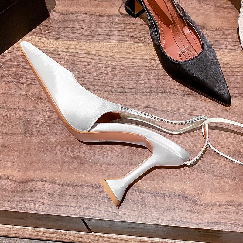 Pointed Ankle Trip Band Satin Wine Cup Heel Sandals