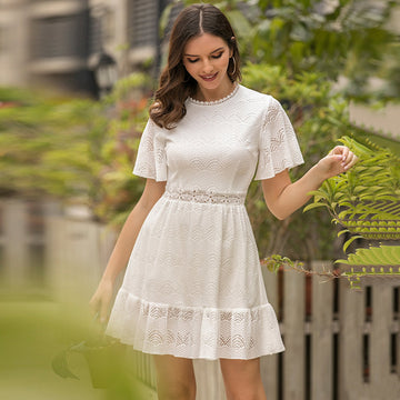Short Sleeve Solid Lace Up Cut Out Casual Dress