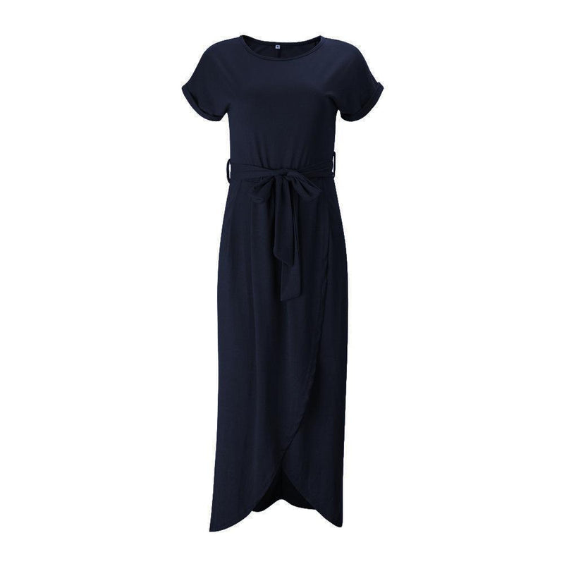 Pure Color Irregular Straps Belt Long Dress