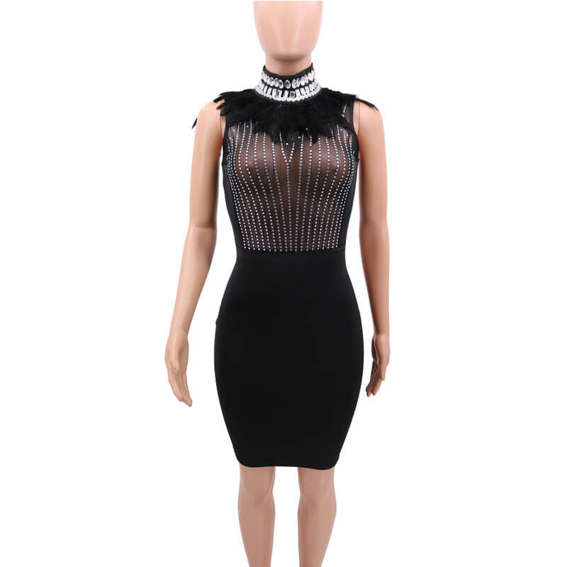 Sequin See Through Fur Knee Length Dress