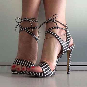 Black Strap Stripes High Heel Sandals