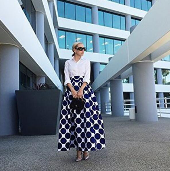 Polka Dot Print High Waist Pockets Long Skirt