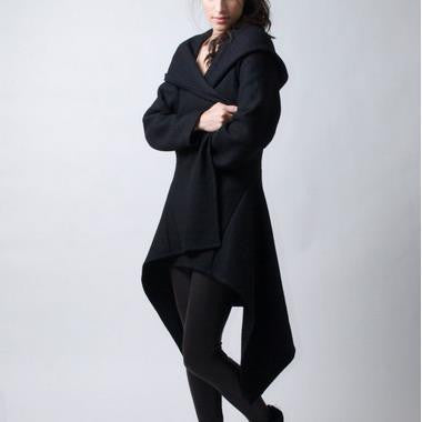 Hooded Irregular Long Sleeves Pure Color Wool Coat