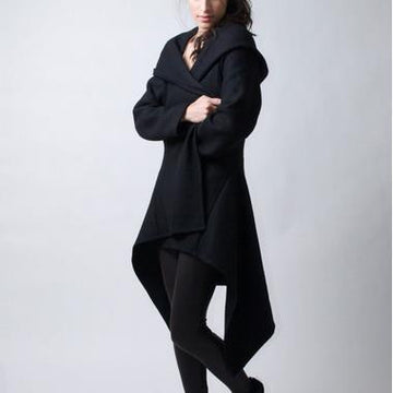 Hooded Irregular Long Sleeves Pure Color Wool Coat