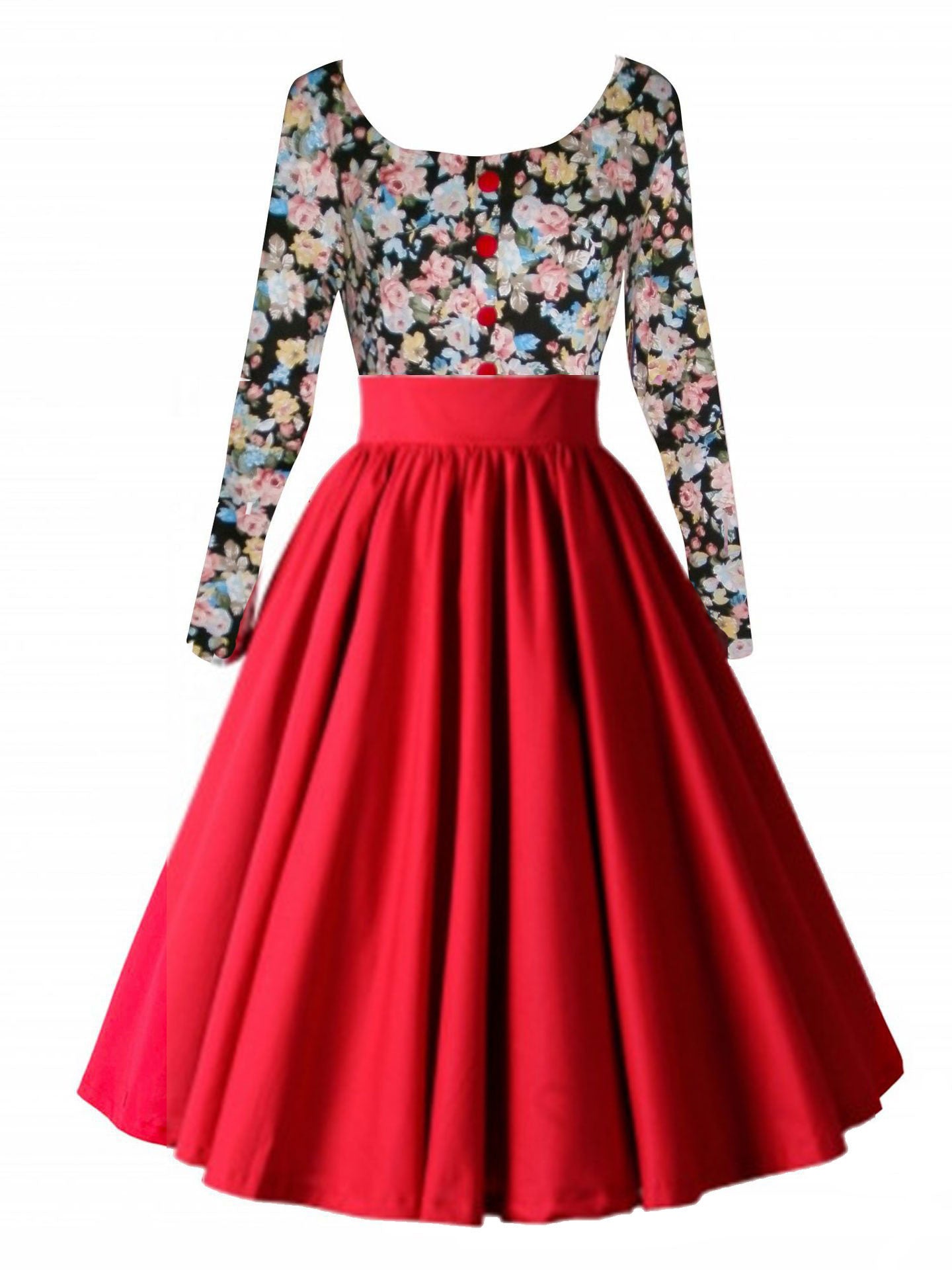 Retro Hepburn Floral Print Patchwork Long Sleeves Dress