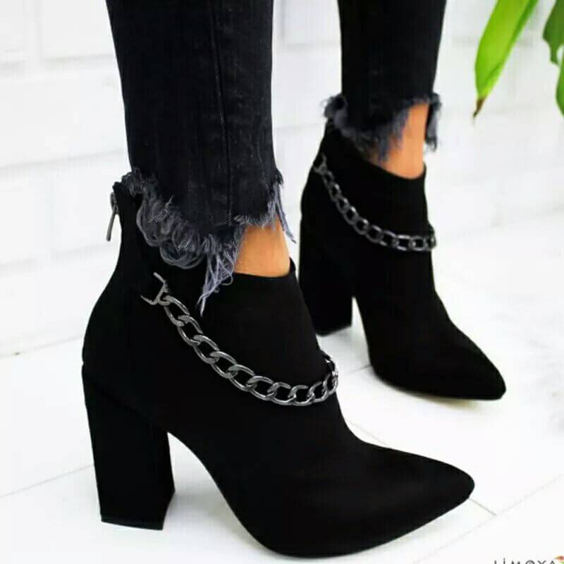 High Chunky Heel Suede Chain Ankle Boots 