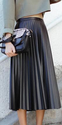 Retro PU High Waist Pleated Knee-Length Skirt