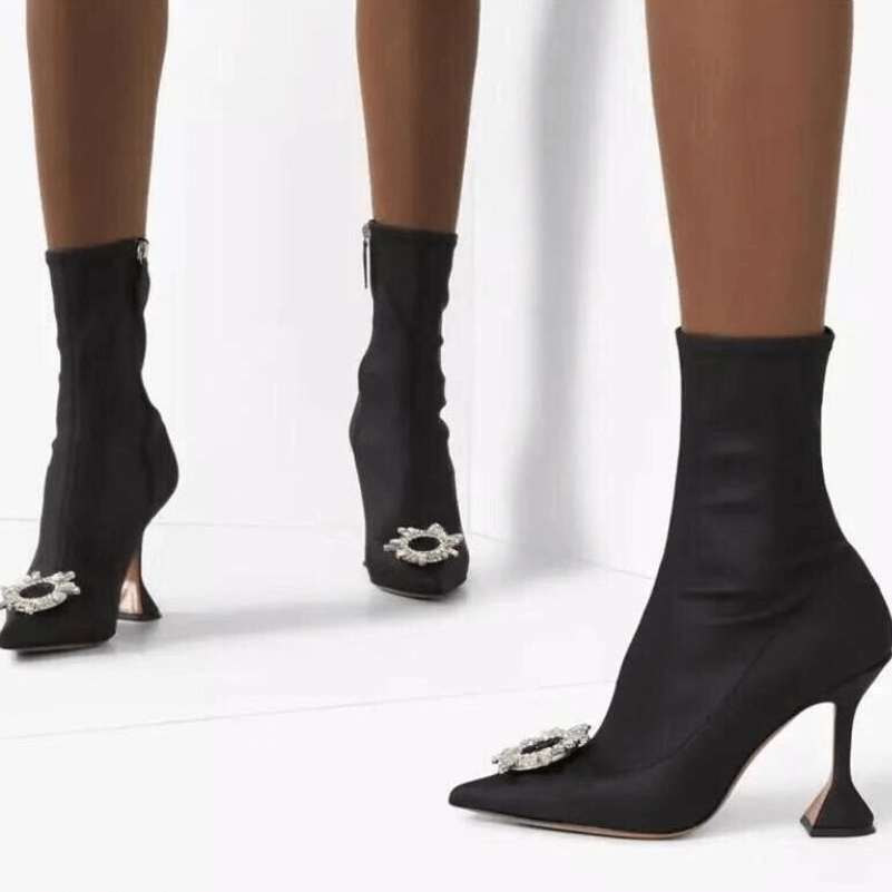 Black Stretch Rhinestone High Heel Sock Calf Boots