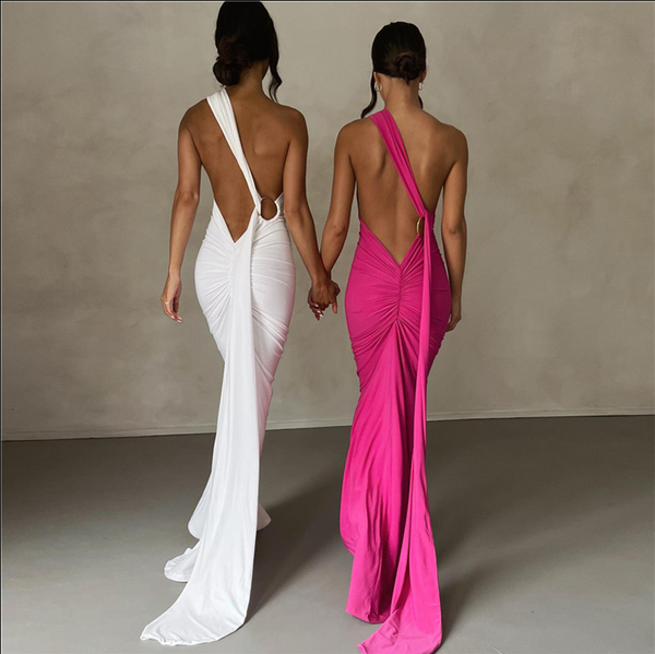 Sensual Exposed Back Cross-Back Fit-and-Flare Floor Length Dress