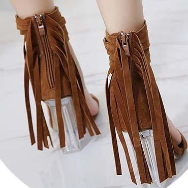 Suede Strappy Ankle Chunky Heel Fringe Sandals