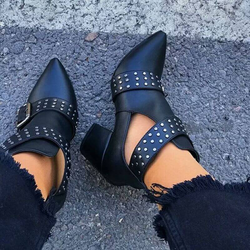 Leather Buckle Rivet Chunky Heel Ankle Boots
