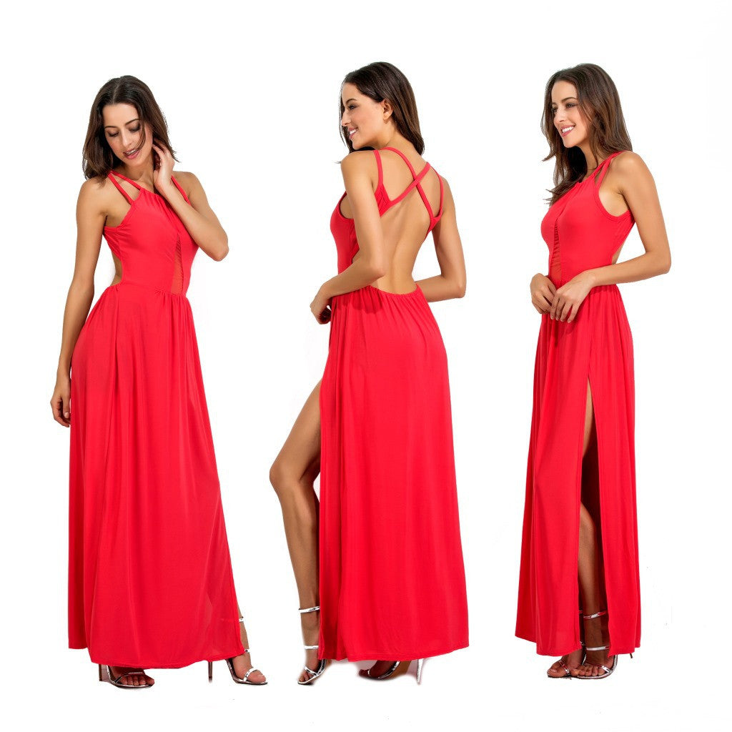Pure Color Scoop Split Backless Long Party Dress